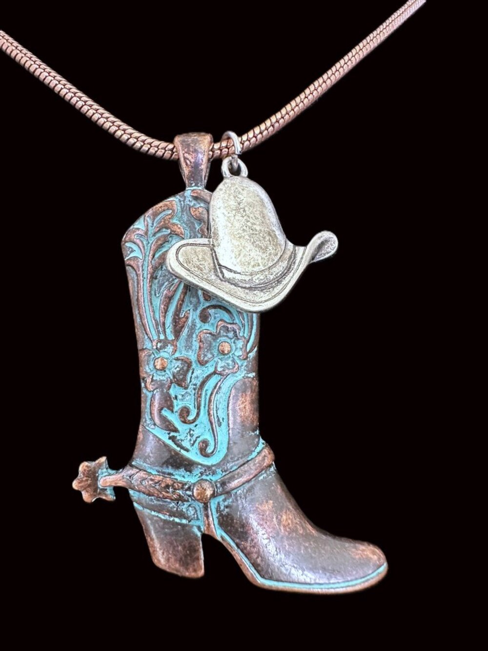 Western Cowboy Boot Necklace – Verdigris Patina Floral Tooled Boot & Hat BOHO